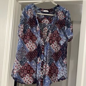 Westport Blue and Red Buttoned Blouse with Mandarin Collar
